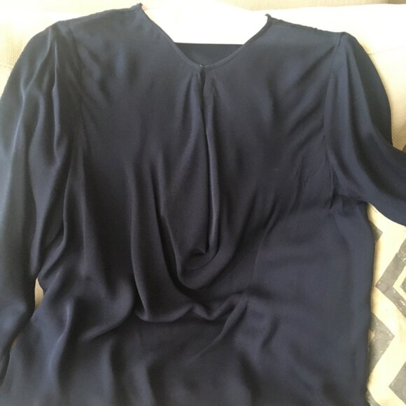 Elegant, deep blue Vince silk blouse, size 12. Generous front drape w/ button. - Picture 7 of 7